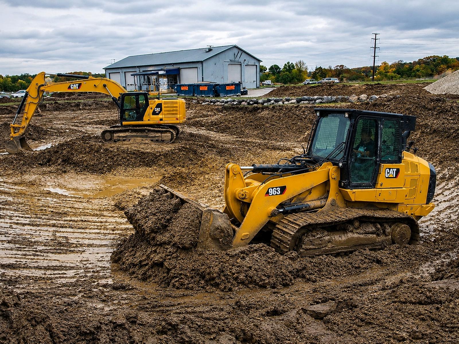 CAT excavation equipment performing dirt work and site earthmoving for JW Contracting