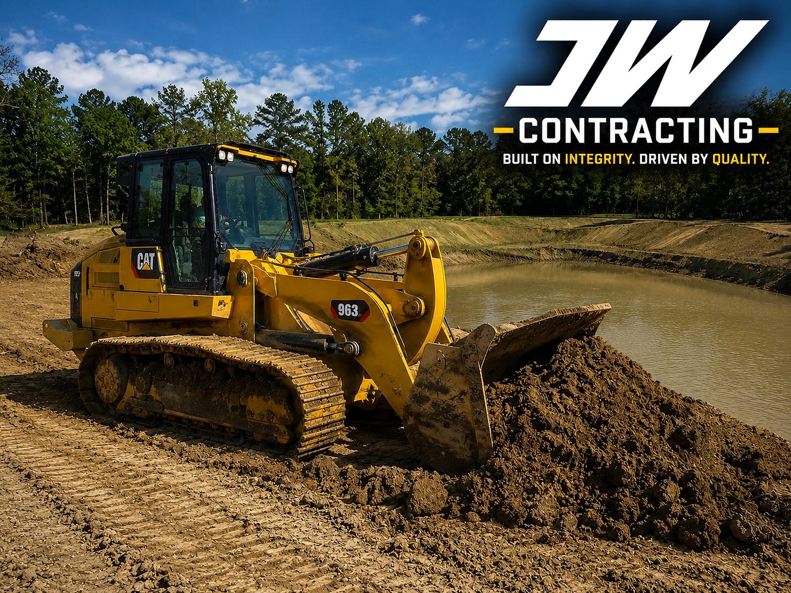 CAT track loader performing excavation and pond earthwork for JW Contracting