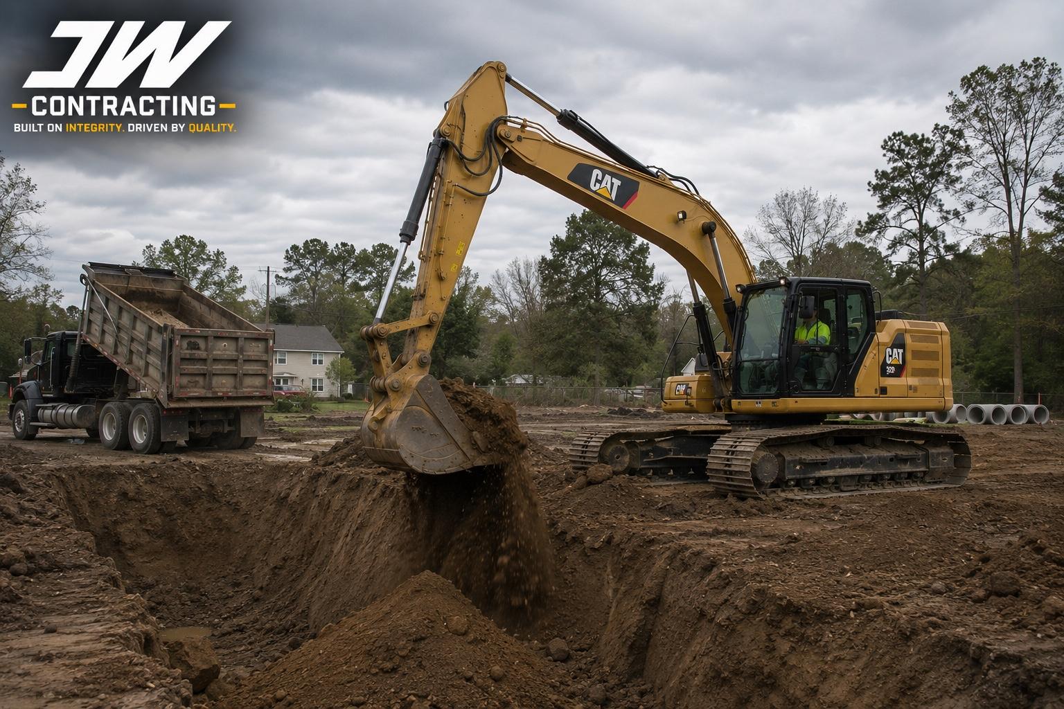 CAT excavation equipment performing commercial site earthwork for JW Contracting