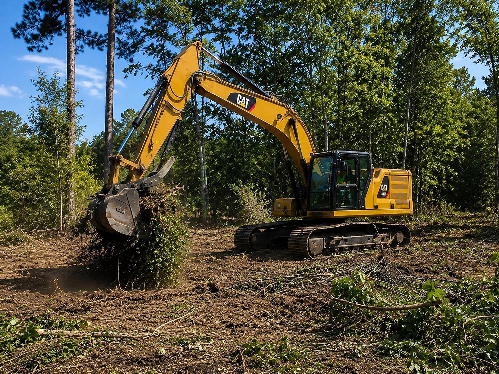 Excavator performing land clearing and property preparation for JW Contracting